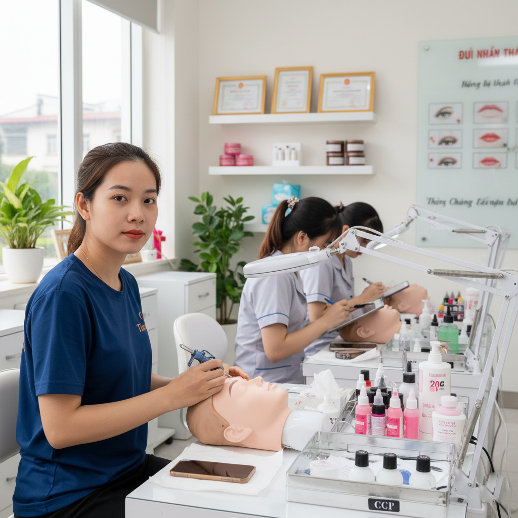 Kỹ Thuật Mix Mực Phun Mày Tránh Trổ Xanh Trổ Đỏ 9 Học viên Tina thực hành kỹ thuật phun xăm thẩm mỹ chuyên sâu