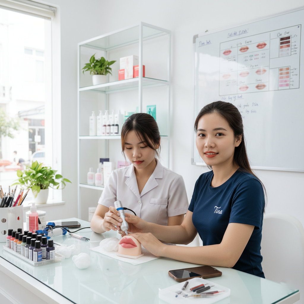 Điêu Khắc, Phun, Thêu Mày, Kỹ Thuật Nào Để Kinh Doanh? 9 Học viên Tina thực hành phun xăm thẩm mỹ trên da nhân tạo