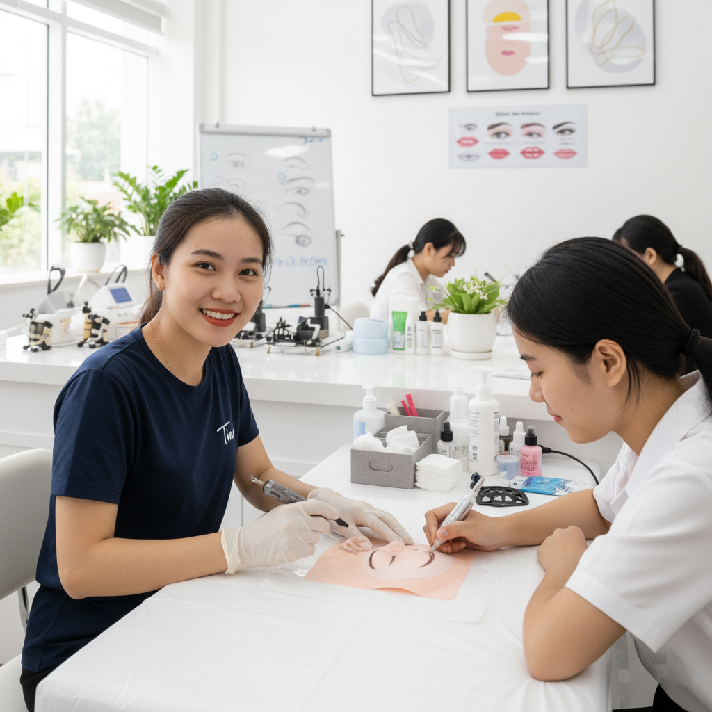 Kỹ Thuật Phun Mày Ombre, Nền Tảng Vững Để Kinh Doanh 5 Tina Academy: Học viên tự tin thực hiện kỹ thuật phun xăm thẩm mỹ