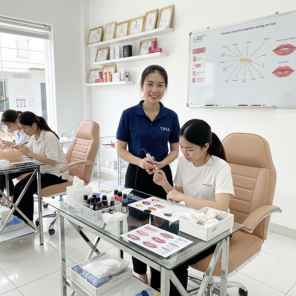 Kinh Nghiệm Tham Gia Cuộc Thi Tay Nghề Phun Xăm A-Z 9 Học viên tại trung tâm dạy nghề phun xăm Tina rèn luyện tay nghề
