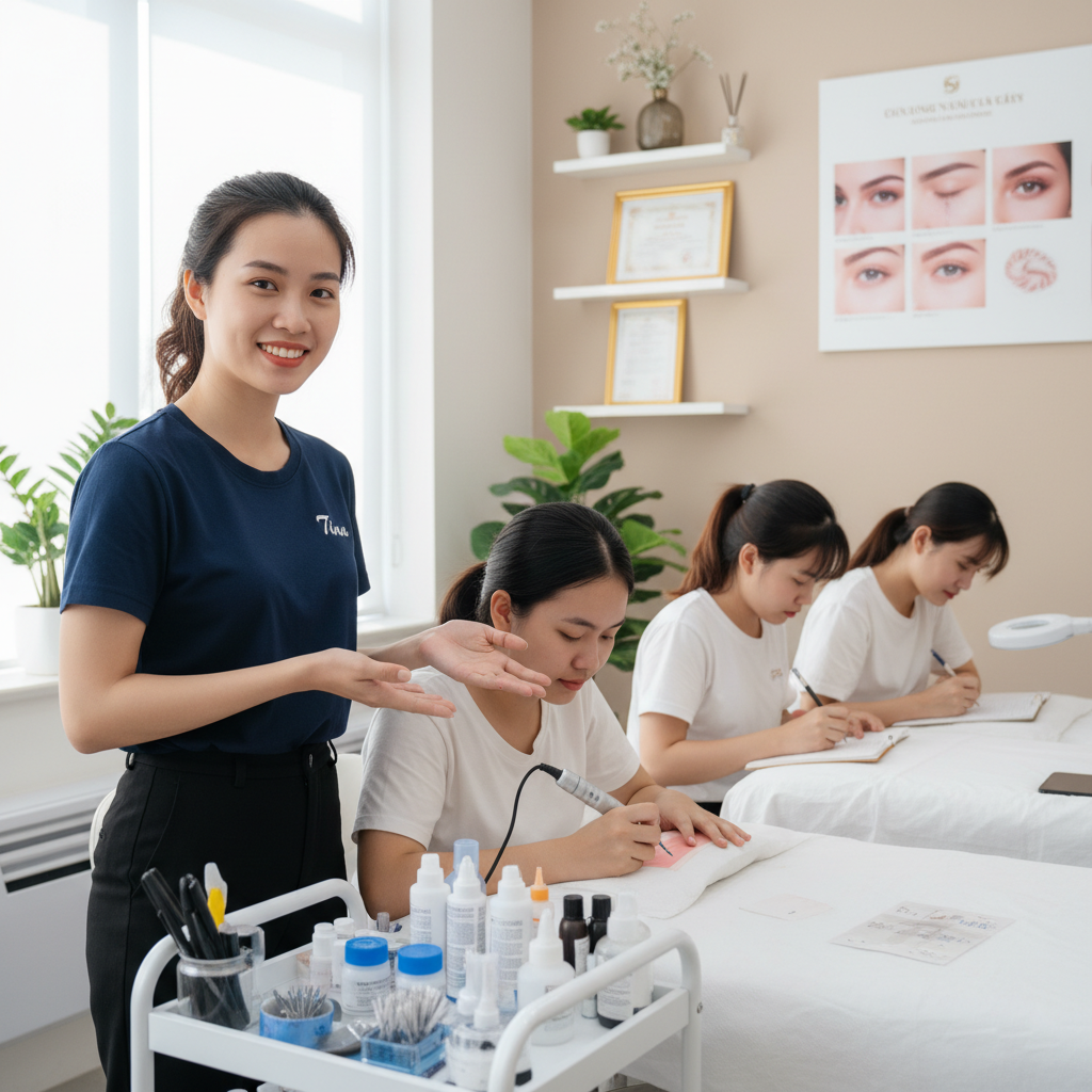 Học Phun Xăm Có Khó Không? Giải Đáp Để Mở Tiệm 9 Khóa học phun xăm thẩm mỹ Tina - Hình ảnh học viên tập trung thực hành