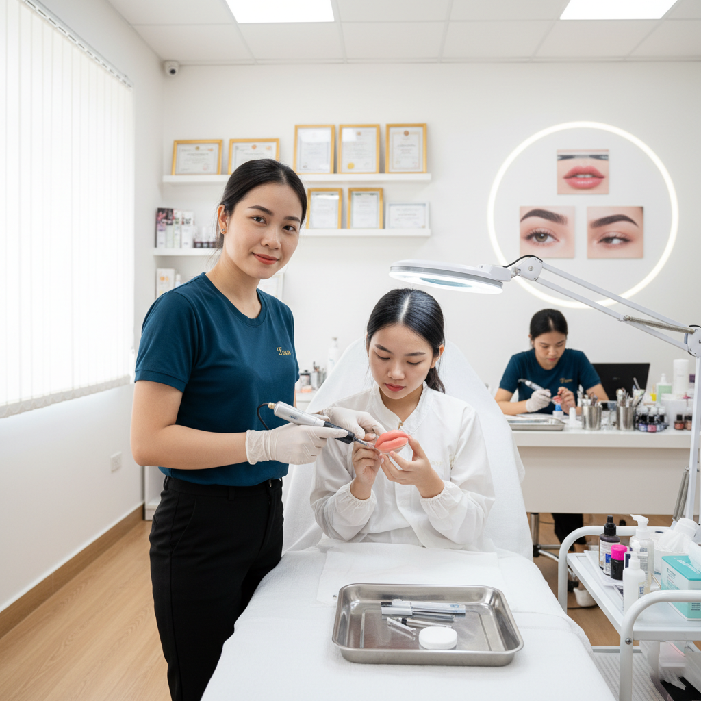 Bí Quyết Mix Mực Phun Môi Chuẩn Cho Từng Tông Da 5 Đào tạo phun xăm Tina: Giảng viên hướng dẫn học viên thực hành